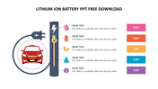 Slide with electric car and battery icon with five colored text boxes in vibrant layout for lithium-ion battery presentation.