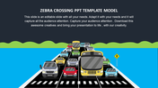 Graphic of a zebra crossing filled with cars and a bus, set against a green and blue bakground with a text area.