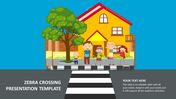 Family illustration near a zebra crossing in front of a yellow house and tree, with blue sky and text on gray panels below.