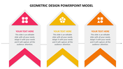 Geometric design infographic with three vertical colour coded arrows each containing icons and placeholder text areas.