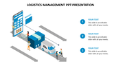 Isometric logistic slide with blue and white color scheme, featuring icons and three numbered captions.