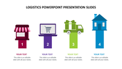 Slide featuring four segments illustrating logistics processes retail, online shopping, delivery, and destination.