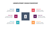 A multi colour slide with a grid of numbered boxes, each with a placeholder for text, and an ID card icon for unemployment.