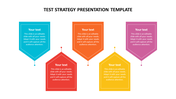 Colorful test strategy slide with five text boxes in blue, orange, red, yellow, and purple with placeholder text.