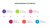 Colorful work experience timeline slide with icons representing different tasks, each linked to a placeholder text.