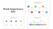 Work experience PPT showcasing multiple slides with timeline graphics and step by step representations of career growth.