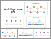 Work experience PPT showcasing multiple slides with timeline graphics and step by step representations of career growth.