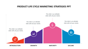 Graph of product life cycle stages in bright colors, with icons for each key phases from introduction to decline.