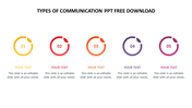 Types of communication slide featuring five colorful circles with text areas for each type on a white backdrop.