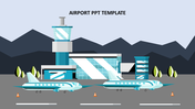 Illustration of airport slide featuring two planes on a runway with a modern control tower and terminal in the background.