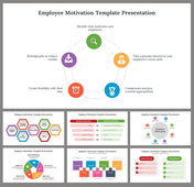 Employee motivation slides on motivation factors, strategies, and career path support with different layout designs and text.