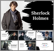 Slide pack featuring Sherlock Holmes with multiple character images and sections, designed with a black and white theme.