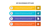 Key deliverables slide with four colorful numbered sections and matching icons, with placeholder text.