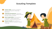 Two scouts standing near a campfire and tent, with four numbered sections on the left detailing different scouting skills.