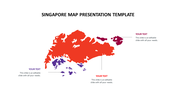 A stylized red and purple map of Singapore with placeholder text boxes pointing to different regions.