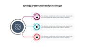 Synergy slide with three icons connected to a central teamwork graphic with different aspects of collaboration and icons.