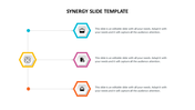 Synergy slide template featuring three hexagons linked to text boxes, each with an icon representing different topics.