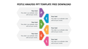 Colorful PESTLE analysis template, featuring hexagonal segments for each factor with six caption areas in a white background.