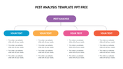 Analysis slide with a central purple box branching into four colored sections, each with text in bullet points.