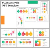 SOAR analysis slide deck with white backgrounds, featuring colorful diagrams for strengths, opportunities, and results.