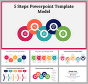 Colorful five-step slides showcasing process flows and business models with different design layouts, icons, and captions.