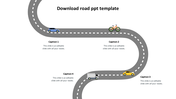 Curved road slide featuring vehicles like a bike, car, truck, and placeholders for text with captions.