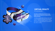 Virtual reality slide with a 3D VR headset in purple and white, featuring a digital abstract design in the background.