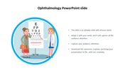 Illustration of a doctor showing an eye chart to a patient, inside a blue circle, with text content on the right.