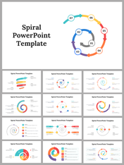 Spiral-shaped slide deck with seven colorful arrows showing a process in a circular arrangement, with  placeholders areas.