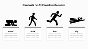 A slide showing growth stages crawl, walk, run, and fly with corresponding icons and placeholder text.