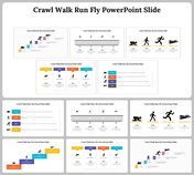 Crawl walk run fly slides illustrating stages of progression from crawling to flying with visuals and descriptions.