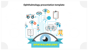 Ophthalmology slide with various eye-related icons, including an eye chart, glasses, and medical equipment.