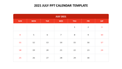 Simple July 2021 calendar with a red header and weekends highlighted in red, featuring a clean grid layout.