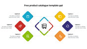 Colorful product catalog template with a central shopping cart icon and six surrounding captions with text.