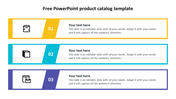 Three section product catalog template with icons, numbers, and text in yellow, blue, and purple colored boxes.