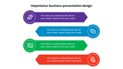 Business presentation design slide featuring four sections with icons and colorful backgrounds for content.