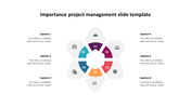 A hexagon with colour coded six sections, for project management each labeled with a caption and placeholder text.