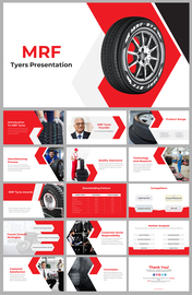 Slide deck featuring MRF tyre images, with company details, products, and charts in red and white themed backgrounds.