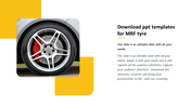 Car MRF tyre with a red brake caliper on the left, text area with yellow design elements on the right.