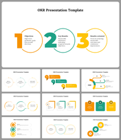 OKR template showcasing a primary three-step structure, followed by different design options for presenting. 