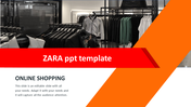 Black-and-white clothing store image with a bold red and orange diagonal banner design for a ZARA store with a caption area.