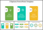 PPT template showcasing three steps and options to choose from with multi-color cards and icons representing the  process.