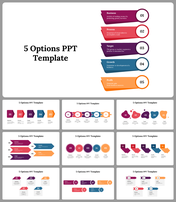 A pack of 5 Options slides featuring business terms across different colored layouts and visual styles with descriptions.