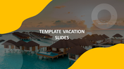 Beach resort with overwater villas at sunset, framed by a yellow abstract shape with text overlay.