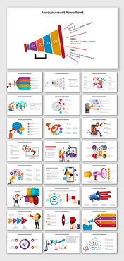 Announcement slides with icons and illustrations for effective communication strategies with different layout designs.