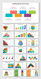 Slide deck showing six stacked building blocks in various colors and shapes each with an placeholder text areas.