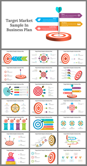 A collection of slides with a target symbol, arrows in various colors, and text boxes explaining different themes.