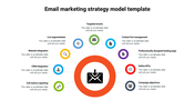 A central envelope icon surrounded by nine colorful circular icons, representing email marketing strategy.