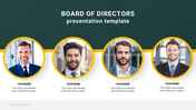 Board of directors slide with four male executives displayed in yellow circular frames and text sections below each.