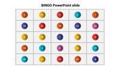 A 5x5 Bingo grid with colorful circles in each box, containing numbers ranging from 1 to 25 in various bright colors.